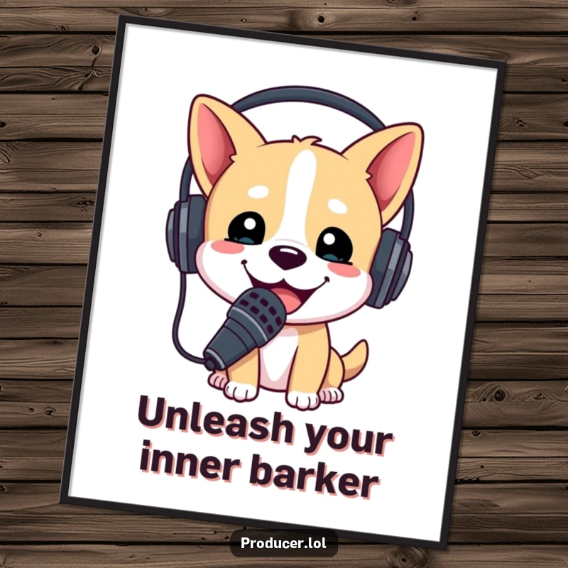 Funny Free Printable Wall Art: Happy dog wearing a headset enthusiastically holds a microphone, a fun and energetic piece.