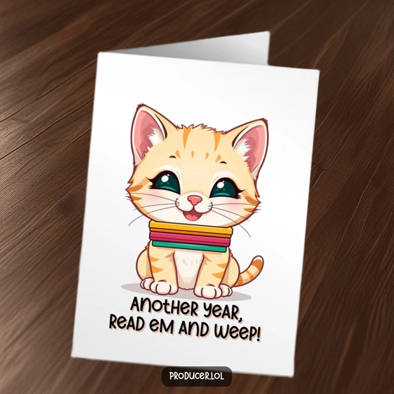 Funny Free Printable Birthday Card: A giggling kitten precariously balances a stack of colorful cue cards on its nose.