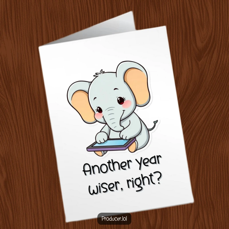 Funny Free Printable Birthday Card featuring a smiling elephant joyfully using a tablet, sending tech-themed birthday wishes.