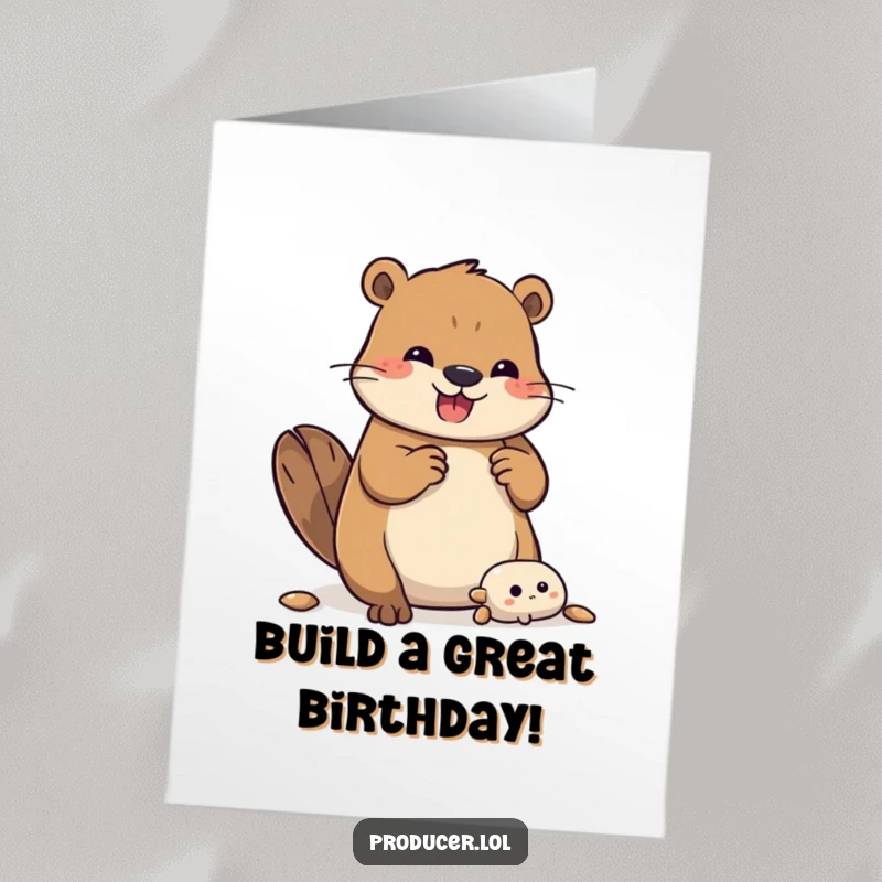 Funny Free Printable Birthday Card: A joyful beaver bounces while assembling a complex set, celebrating a birthday build.