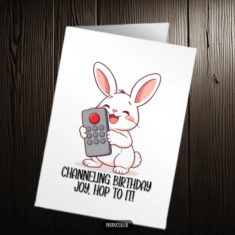 Funny Free Printable Birthday Card: Cheerful bunny holding a large remote, pressing a big red button with excitement.