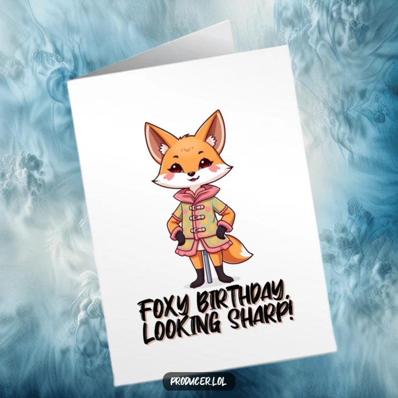 Funny Free Printable Birthday Card: Confident fox designs a colorful costume on a mannequin with flair.