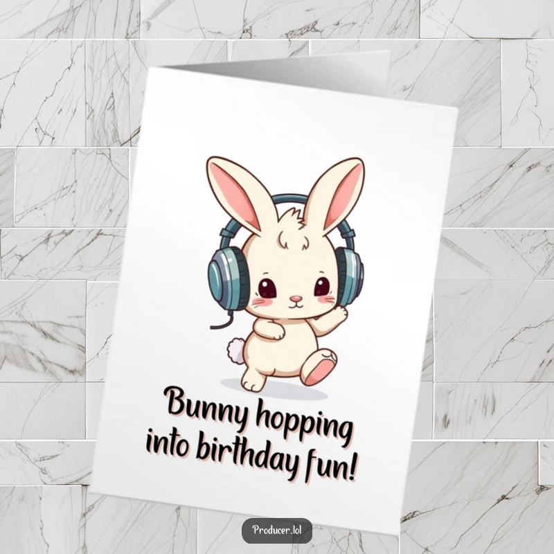 Funny Free Printable Birthday Card of a cool bunny wearing oversized headphones, bopping its foot to an unheard beat.