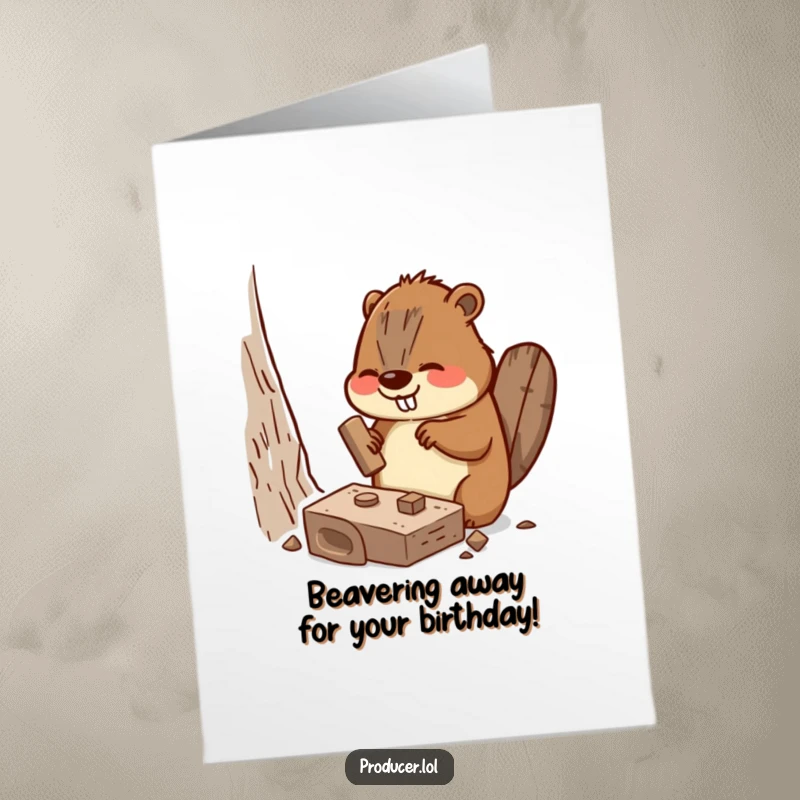 Funny Free Printable Birthday Card: Busy beaver enthusiastically hammers a miniature set piece, bringing DIY joy.