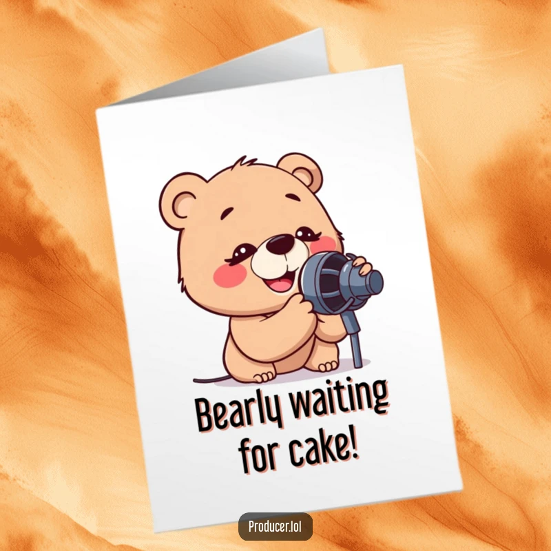 Funny Free Printable Birthday Card: Cartoon bear belts a tune into a microphone, radiating pure birthday joy.
