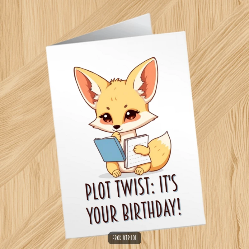 Funny Free Printable Birthday Card of a Fennec Fox pondering with a script, ready to write the best happy birthday wishes.
