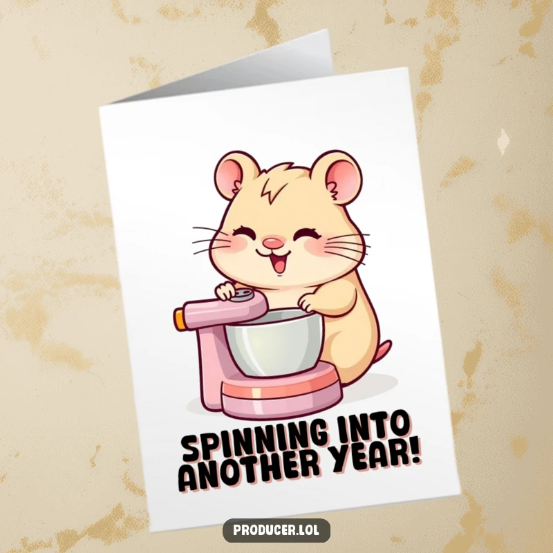 Funny Free Printable Birthday Card: Cheerful hamster DJ concentrating on a mixing board, celebrating a birthday.