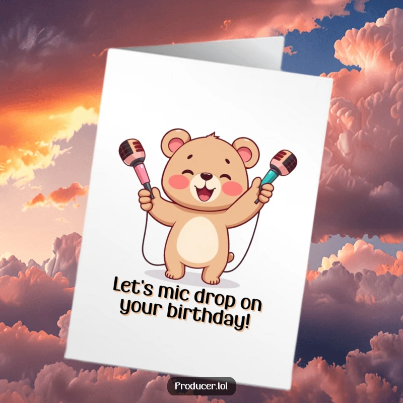Funny Free Printable Birthday Card: A bear cub happily juggles three colorful microphones with a wide, beaming smile.