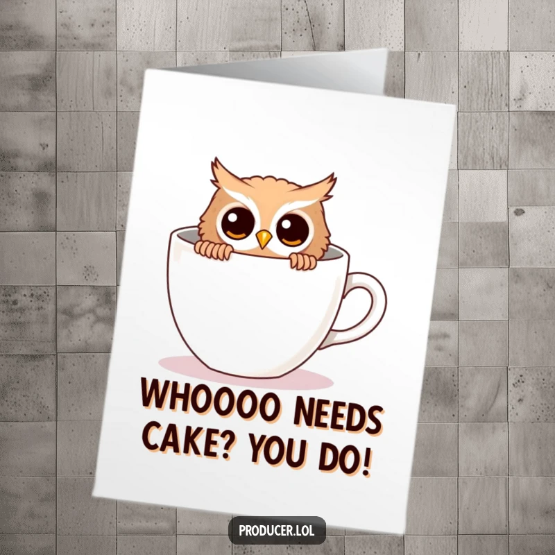 Funny Free Printable Birthday Card: A curious owl peeks from behind a giant empty coffee cup, needing a refill for the party.
