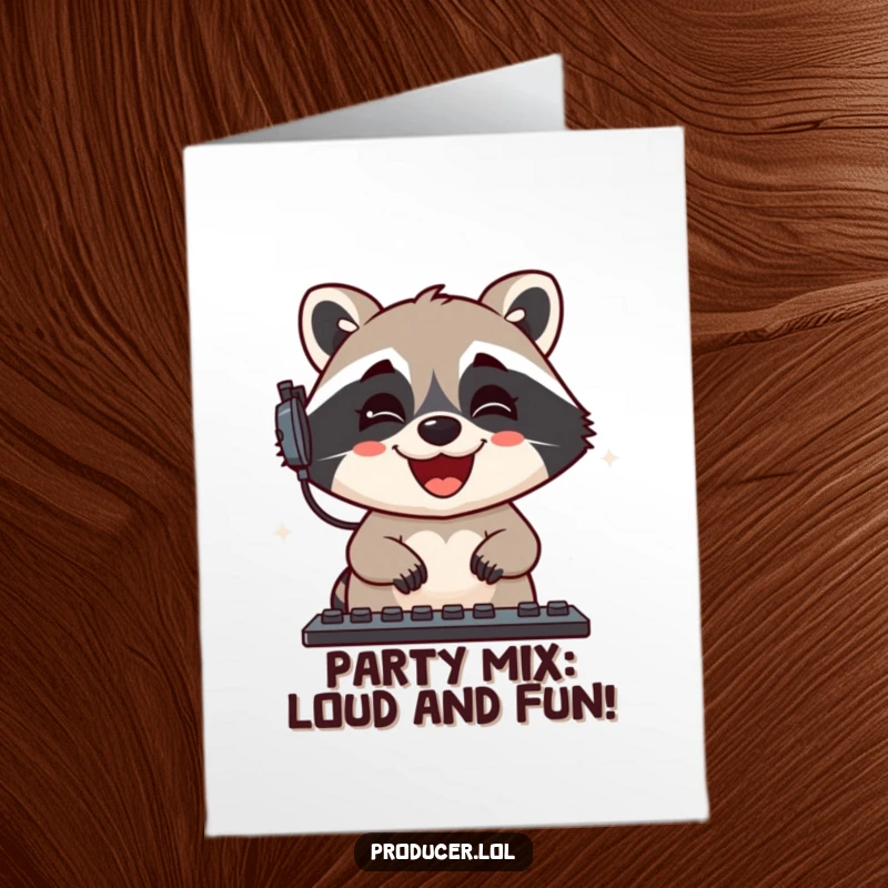 Funny Free Printable Birthday Card: A delighted raccoon gleefully mixes sound levels like a DJ, celebrating a birthday.