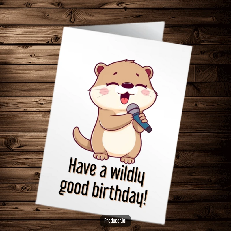 Funny Free Printable Birthday Card: Cute otter with microphone, eyes closed, singing joyfully for a birthday.