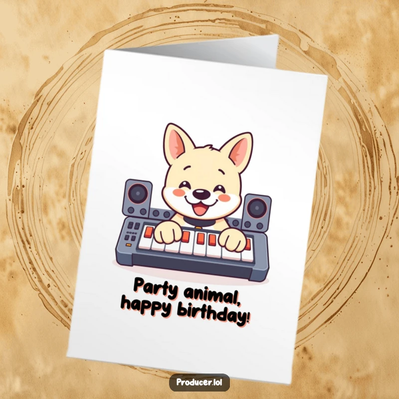Funny free printable birthday card of a smiling dog enthusiastically pressing buttons on a soundboard with its paws, ready to party.