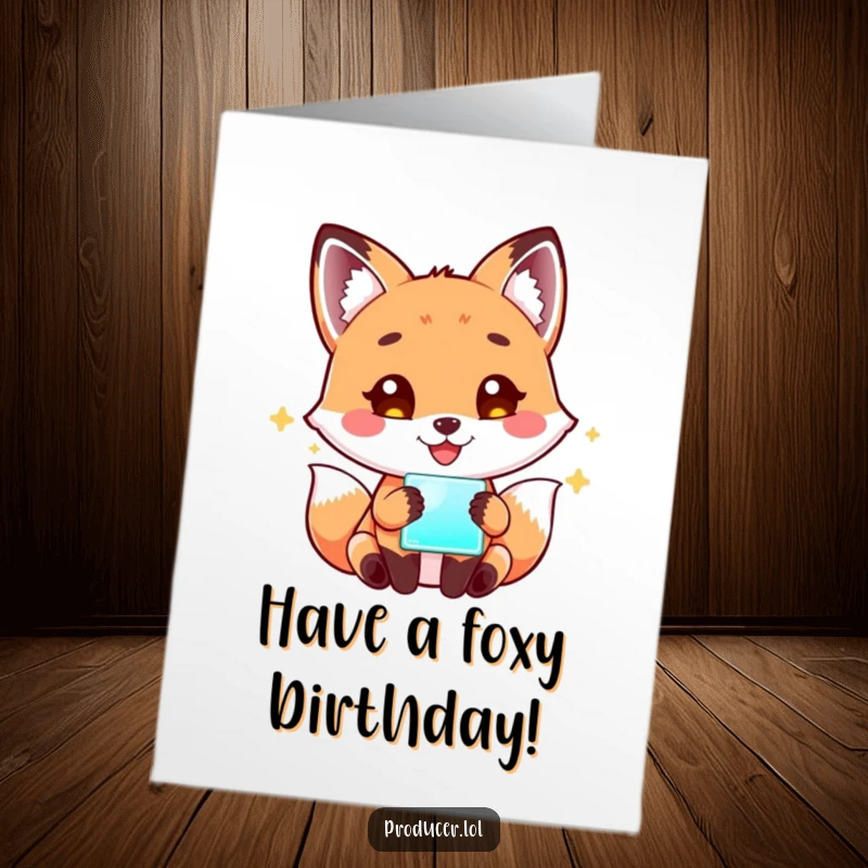 Funny free printable birthday card featuring a happy fox mesmerized by a glowing digital screen, wishing a happy birthday.