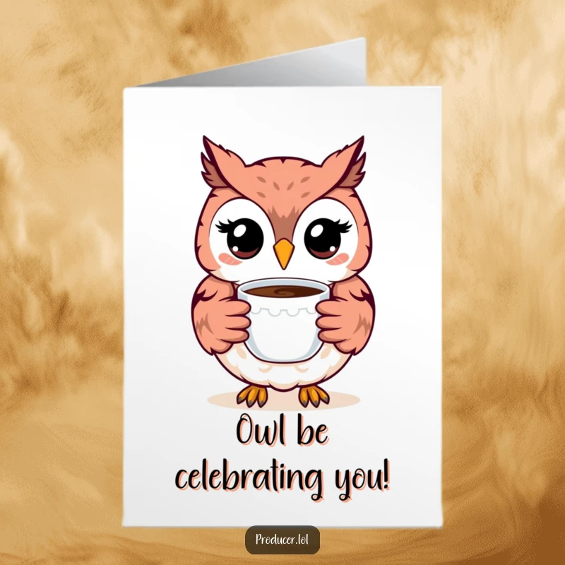 Funny free printable birthday card featuring a smiling owl holding a steaming cup of coffee, ready to celebrate.