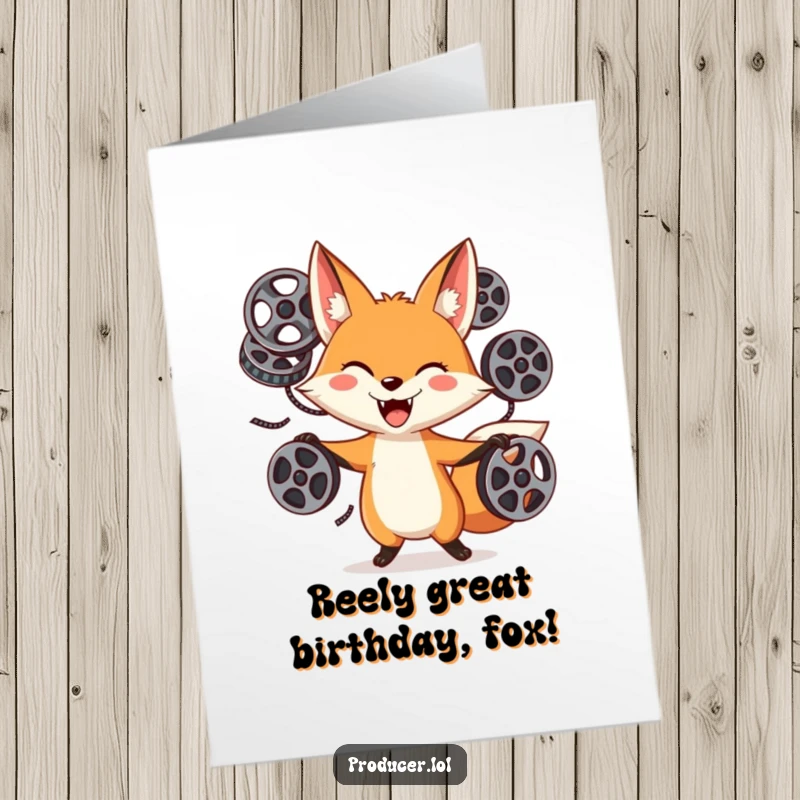 Funny Free Printable Birthday Card: Playful fox with a goofy grin, juggling film reels with movie magic.