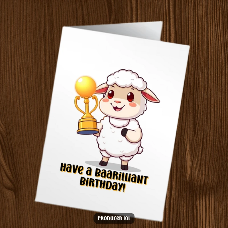 Funny Free Printable Sheep Birthday Card, proudly presenting a glowing award, beaming with satisfaction.