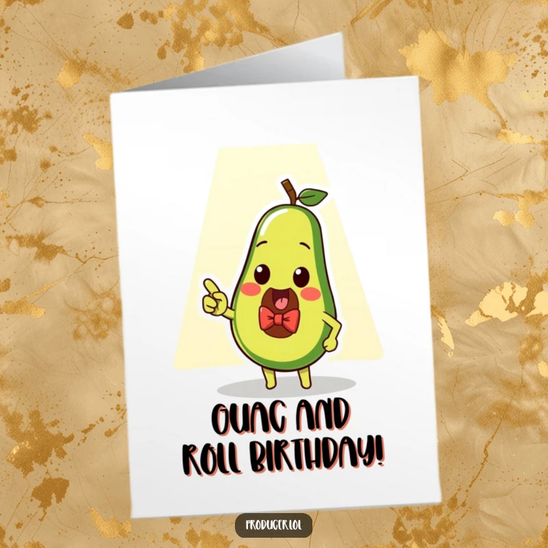 Funny Free Printable Birthday Card: A cute avocado in a bow tie enthusiastically points at a bright spotlight.