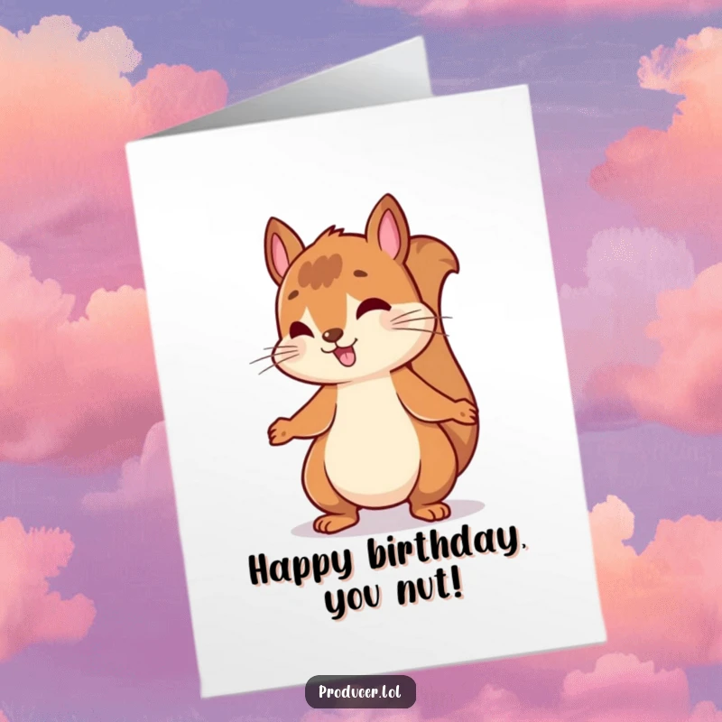 Funny Free Printable Birthday Card: A lively squirrel bouncing energetically while nodding its head to an unseen beat.
