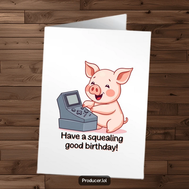 Funny Free Printable Birthday Card: Friendly pig enthusiastically pressing buttons on a large console for a birthday.