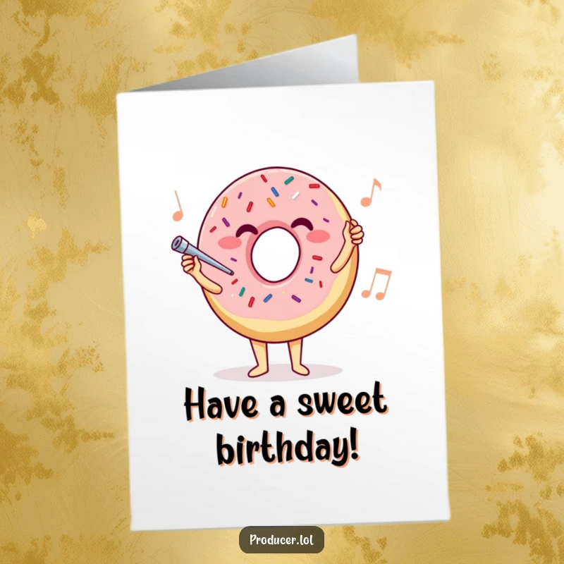 Funny Free Printable Birthday Card: A joyful donut with sprinkles conducts an orchestra with a tiny baton.