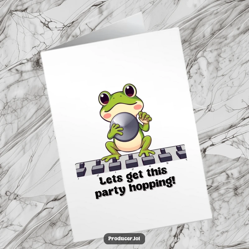Funny Free Printable birthday card featuring a joyful frog holding a huge fader knob, pushing it up with excitement for a party.