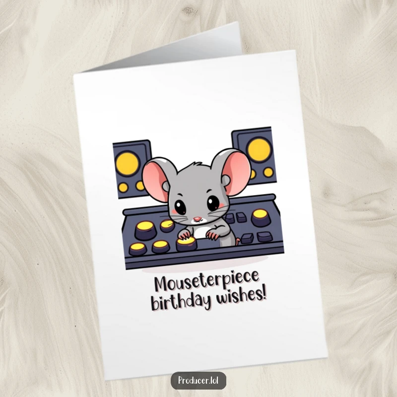Funny Free Printable Birthday Card: A determined mouse pressing large, glowing console buttons with focus.