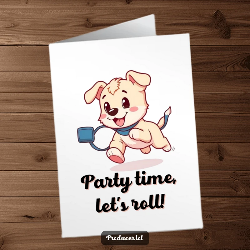 Funny Free Printable Birthday Card: Playful puppy running with a film roll, bringing birthday cheer.