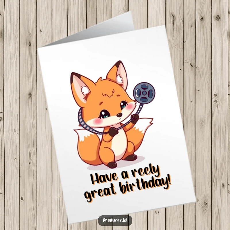 Funny Free Printable Birthday Card: A playful fox spinning a film reel on its claw, like a movie director.