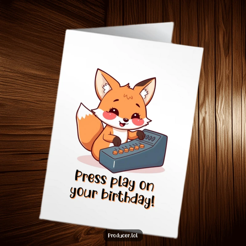 Funny Free Printable Fox Birthday Card: A cheerful fox enthusiastically mashing buttons on a colorful soundboard, ready to party hard.