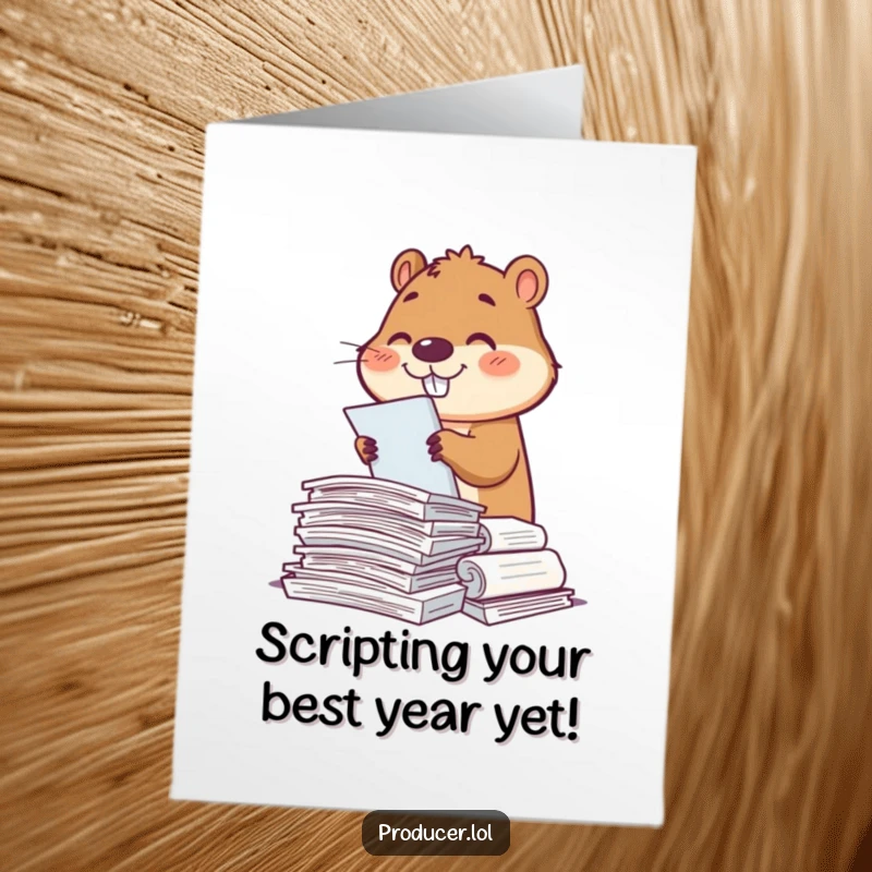 Funny Free Printable Birthday Card: A smiling beaver meticulously sorts through a large pile of scripts, looking efficient.