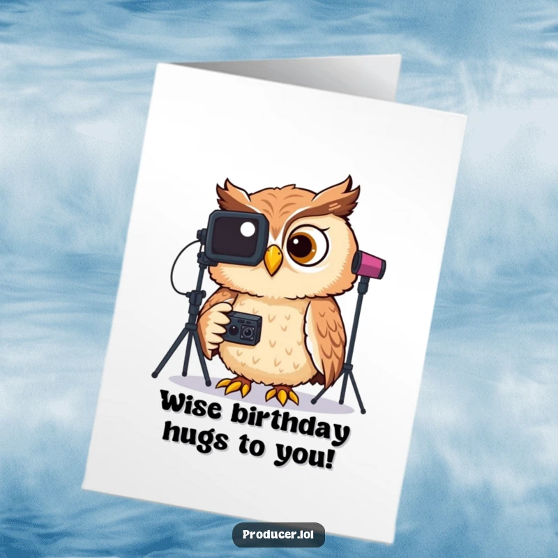 Funny Free Printable Birthday Card: A laughing owl intently reviewing studio footage on a screen with a cheeky grin.