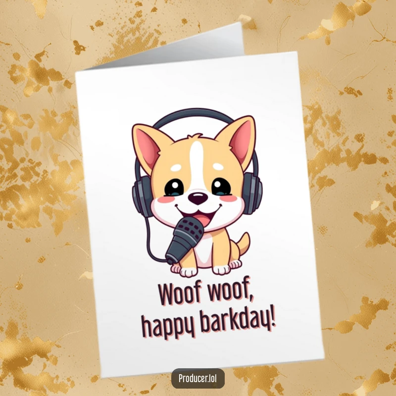 Funny Free Printable Birthday Card: Happy dog wearing a headset enthusiastically holds a microphone, ready to broadcast birthday wishes.