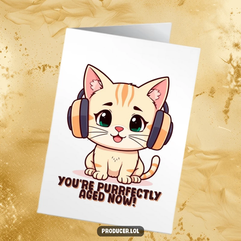 Funny Free Printable Birthday Card: Determined cartoon cat wearing large headphones, focused and joyful while listening to music for a birthday.