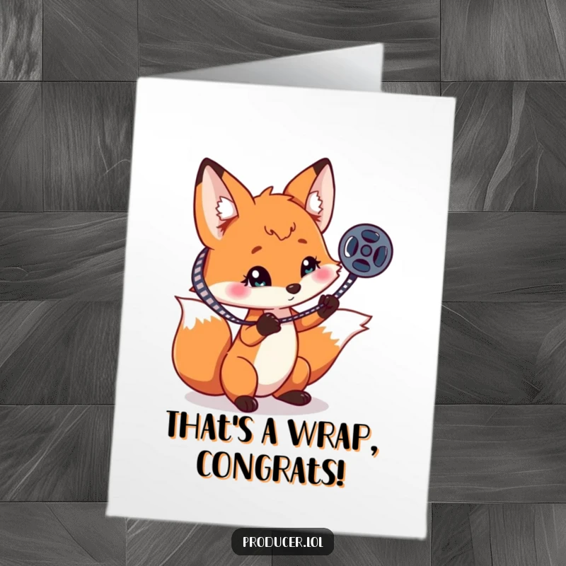 Funny Free Printable Congratulations Card: A fox playing with a film reel, celebrating a big achievement.
