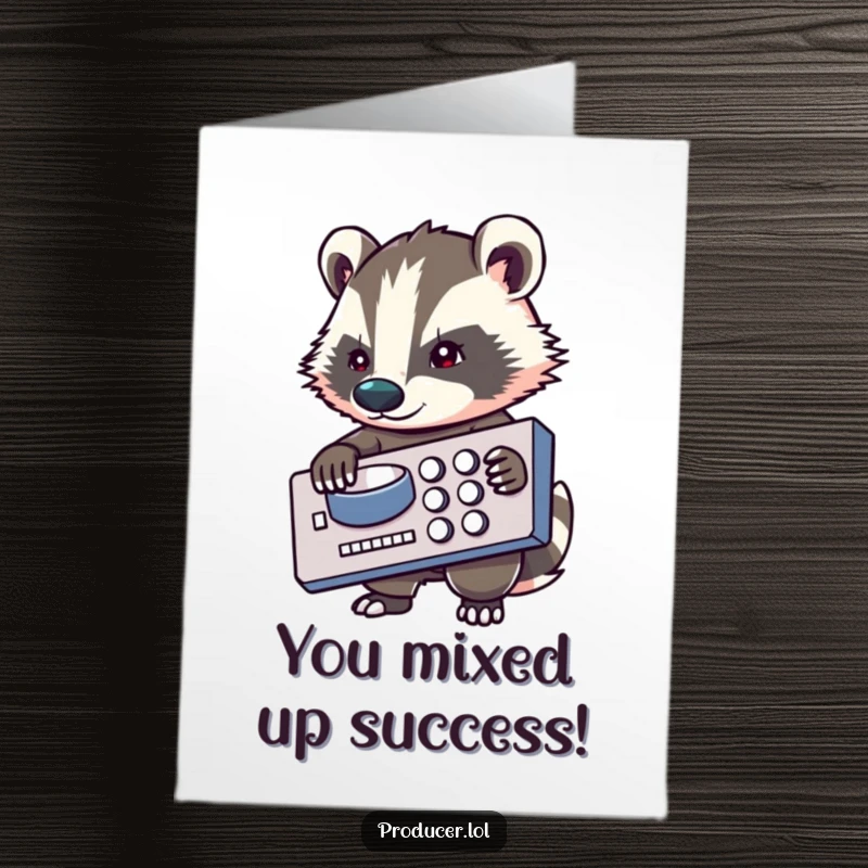 Funny Free Printable Badger Congratulations Card: A determined badger DJ celebrating a big win with a focused, intense look at their mixer.