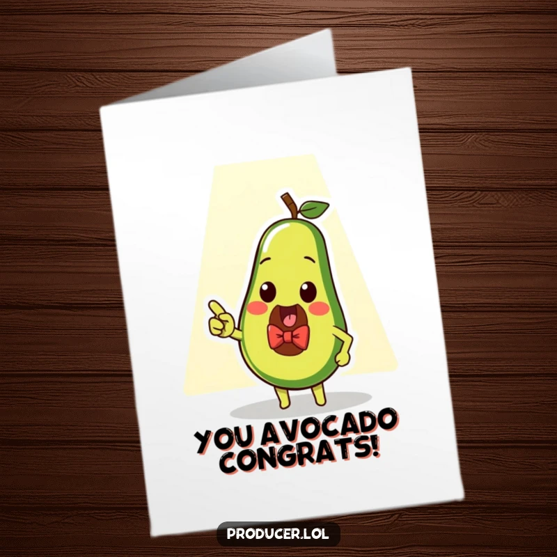 Funny Free Printable Congratulations Card: A dapper avocado in a bow tie points to a spotlight, celebrating success.