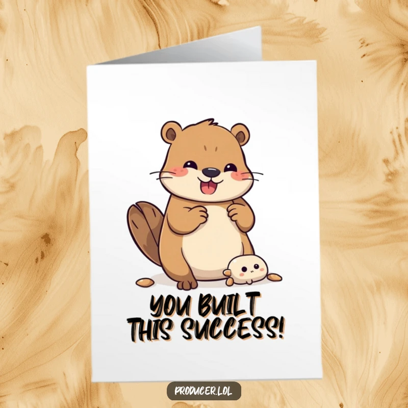 Funny Free Printable Congratulations Card: A beaver joyfully assembles a complex set, cheering for your success.