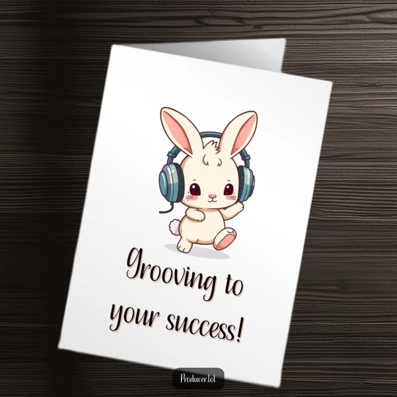 Funny Free Printable Congratulations Card of a bunny with oversized headphones, tapping its foot to an awesome beat.