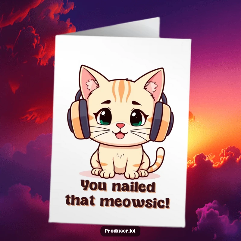 Funny Free Printable Congratulations Card: Determined cartoon cat listening intently through large headphones, joyful expression, celebrating success.