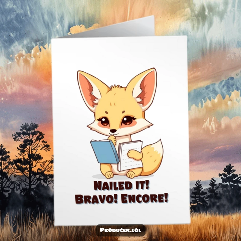 Free Printable Congratulations Card: Fennec Fox character thoughtfully holding a script notebook, ready to celebrate your success.