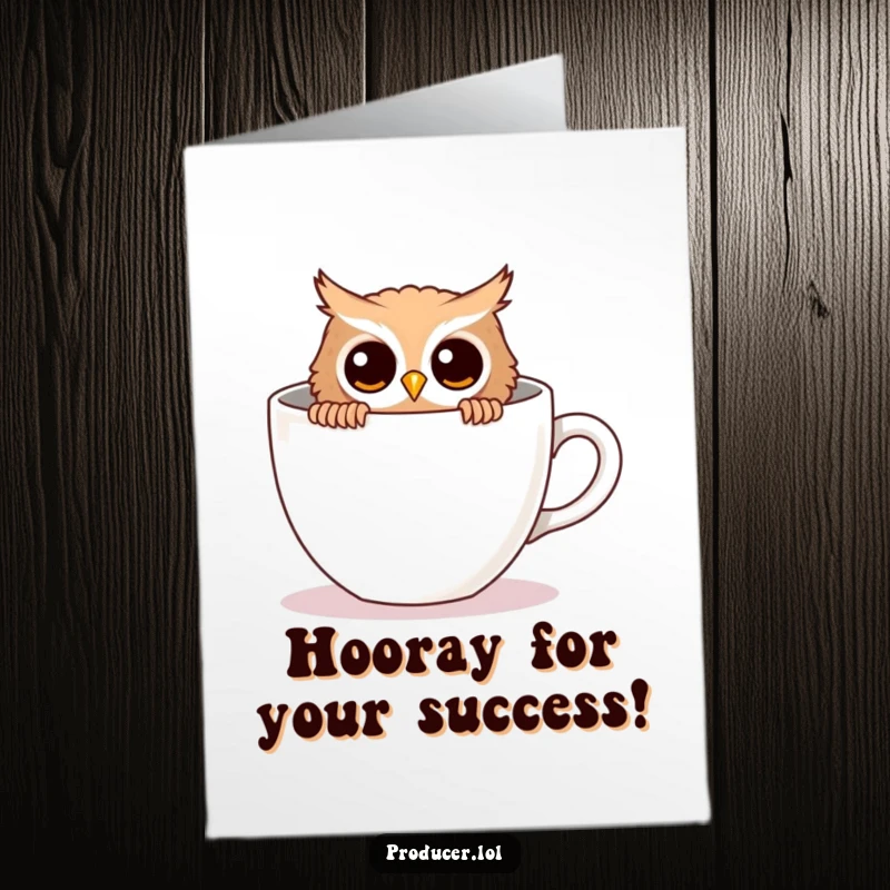 Free Printable Congratulations Card: A curious owl peeks from behind a large, empty coffee cup, needing caffeine to celebrate your success.