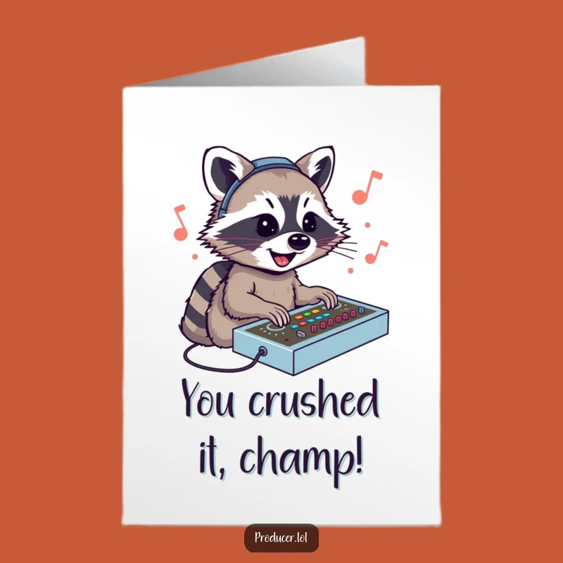 Free Printable Congrats Card: Raccoon DJ Celebrates Your Big Win with Musical Vibes!