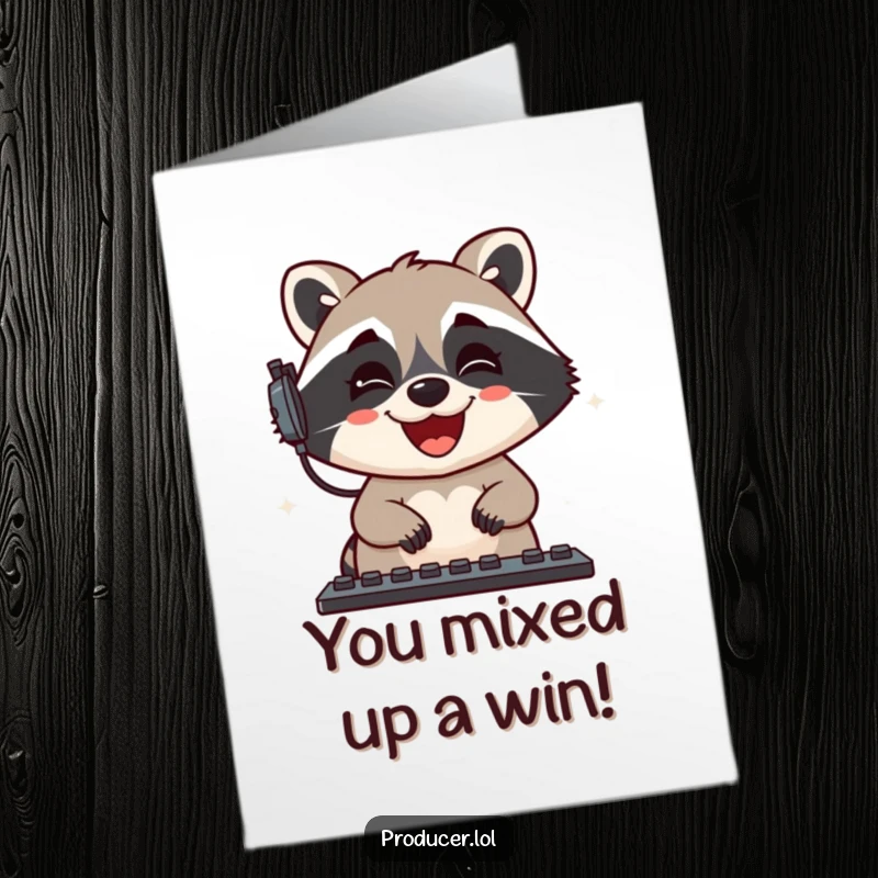 Funny Free Printable Congratulations Card: A grinning raccoon gleefully adjusts sound levels, celebrating your perfect achievement.