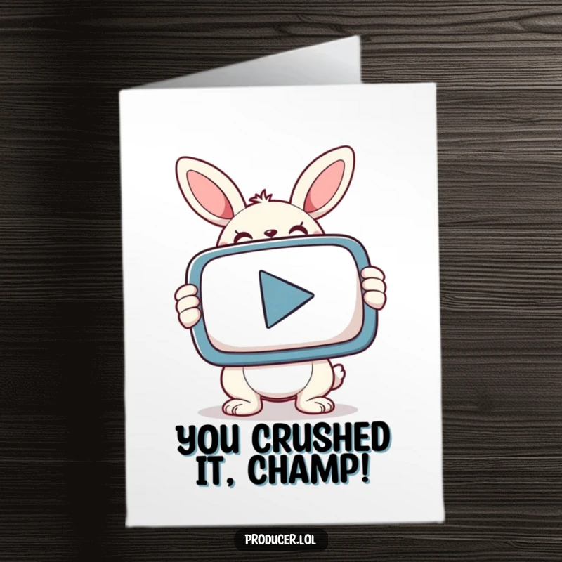 Funny Free Printable Congratulations Card: Bunny holding a giant PLAY button, celebrating a major accomplishment.
