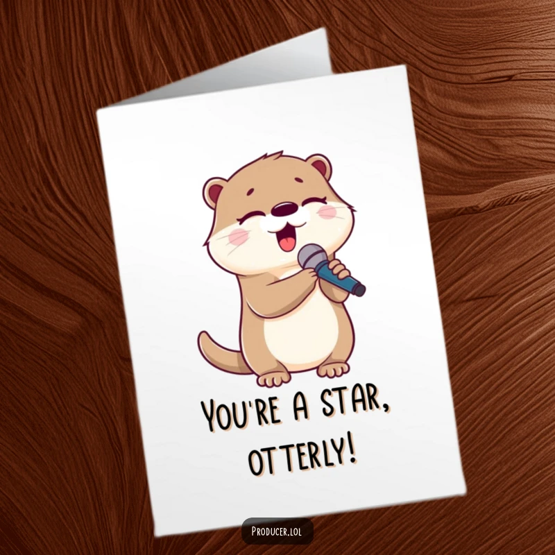 Funny Free Printable Congratulations Card: Cute otter holding a microphone, singing with closed eyes, celebrating achievement.