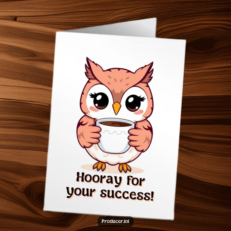 Funny free printable congratulations card showing a cheerful owl presenting a cup of coffee, celebrating a milestone.