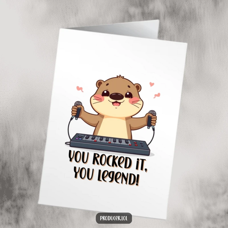 Funny Free Printable Otter Congratulations Card, cheerfully juggling mics and a soundboard, celebrating a skillfully achieved success.