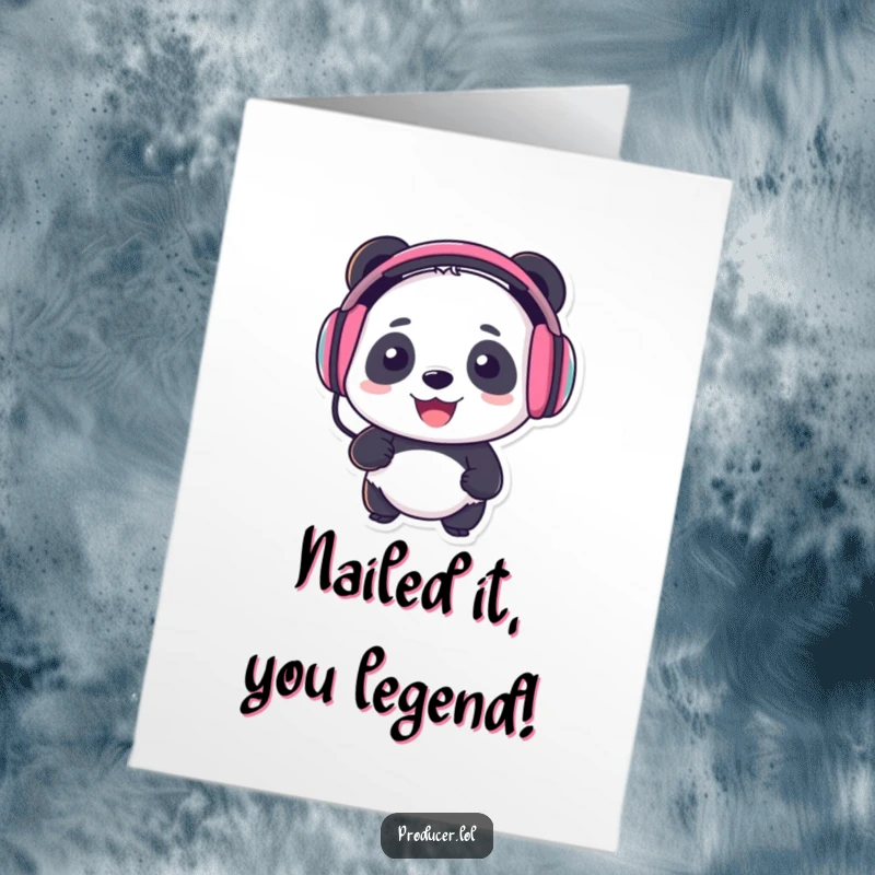 Funny Free Printable congratulations card with a smiling panda in headphones, enthusiastically bopping its head to celebrate an achievement.