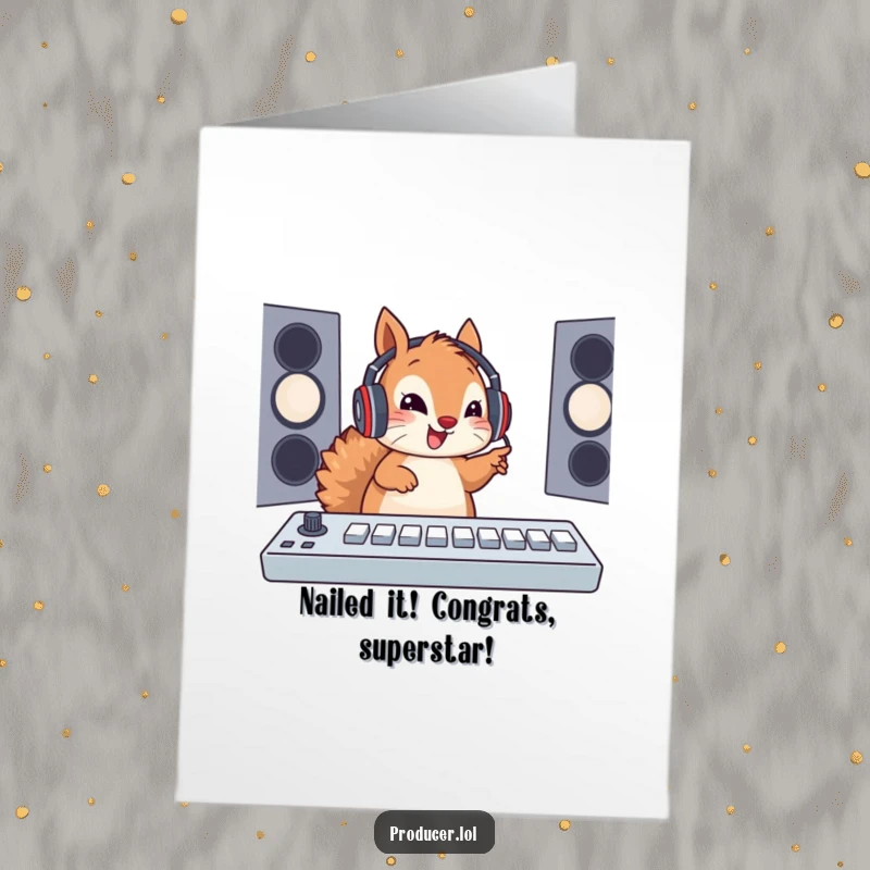 Funny Free Printable Congratulations Card: Excited squirrel DJ with headset, launching success with soundboard buttons.