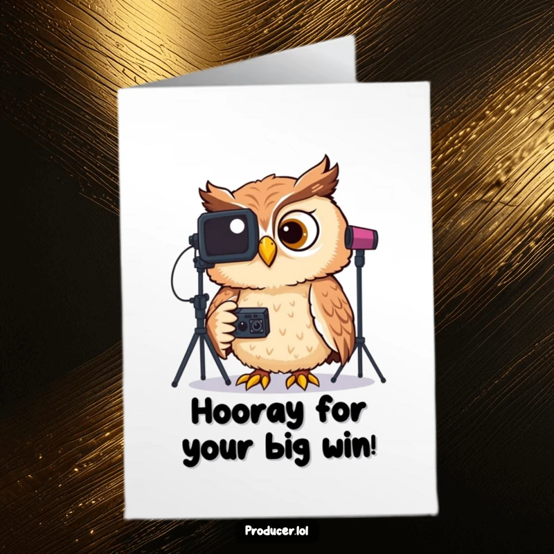 Funny Free Printable Congratulations Card: A delighted owl giggling while watching entertaining studio footage on a monitor.